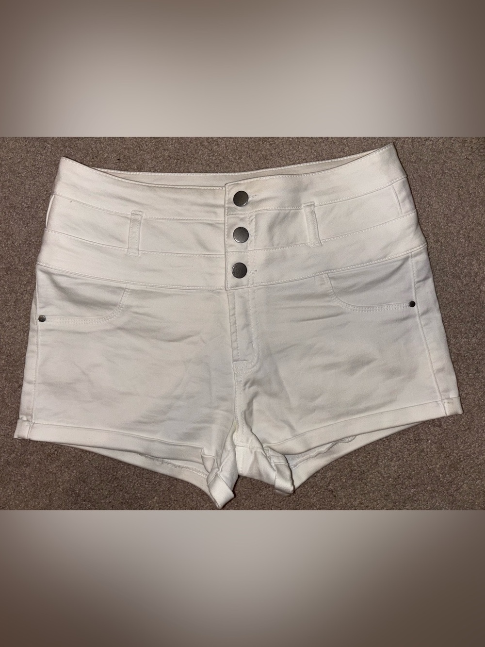 refuge High-Waist White Shorts with Triple Snap Front
